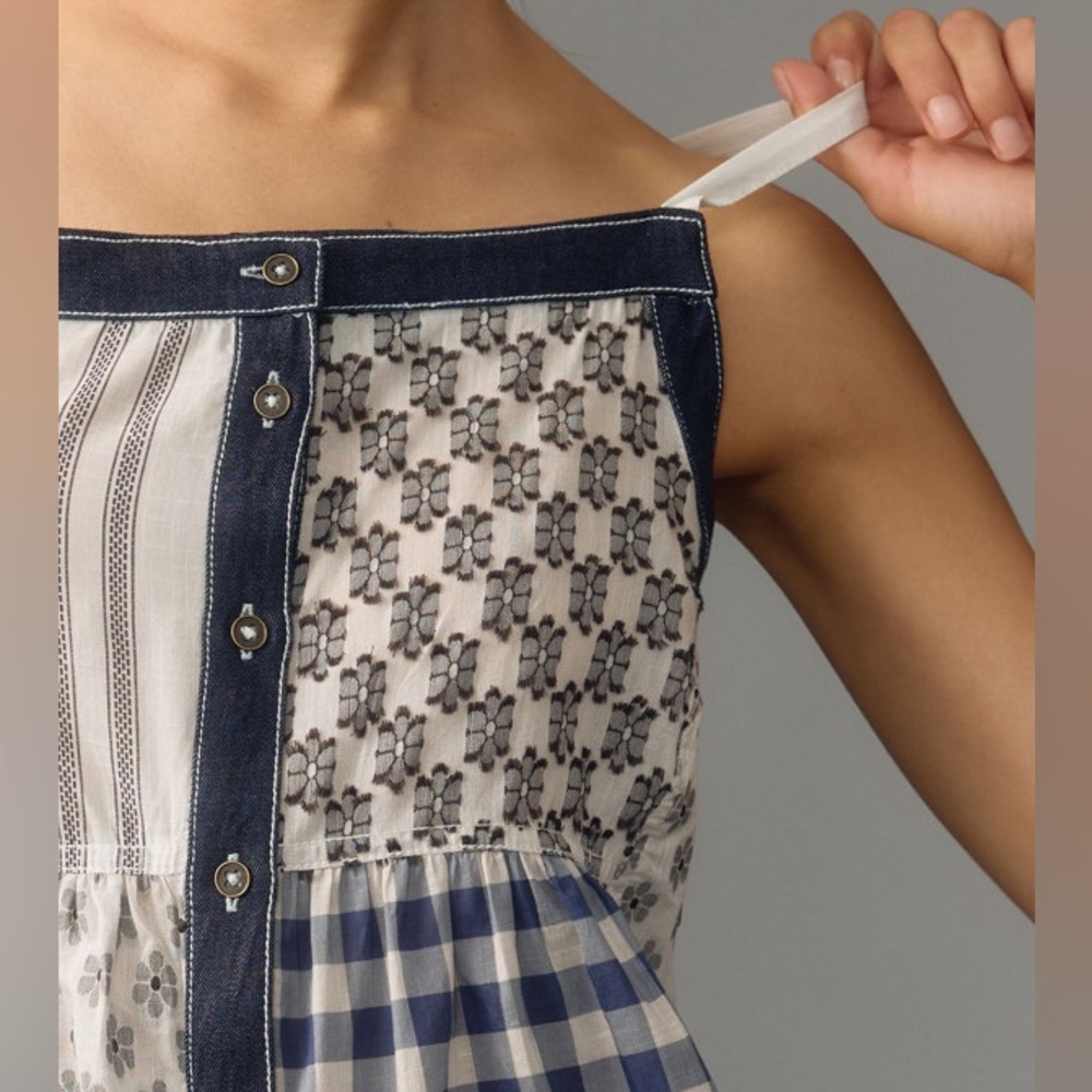 Anthropologie PILCRO Patchwork Button Front Cami Gingham Floral Boho Denim Trim - Picture 4 of 9